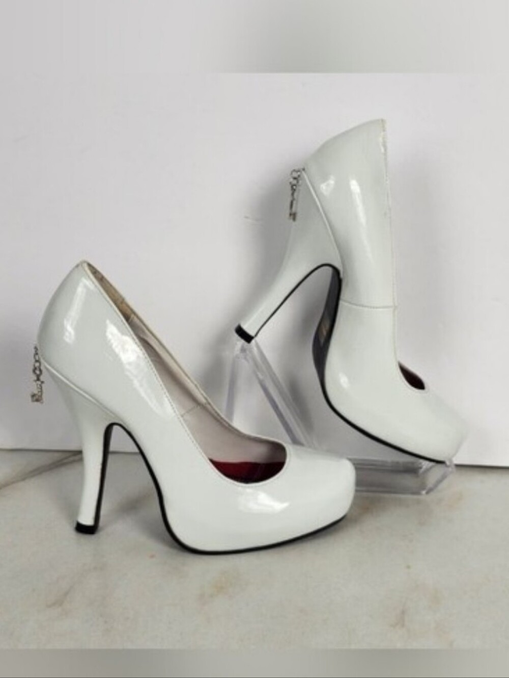 Penthouse White Patent Charm Detail Platform Fetish Heels Pumps, Sz 5